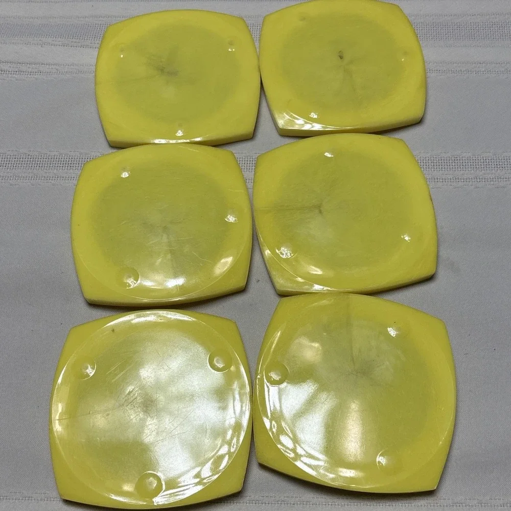 Vintage MCM Mid Century Set of 6 Plastic Drink Coasters Yellow